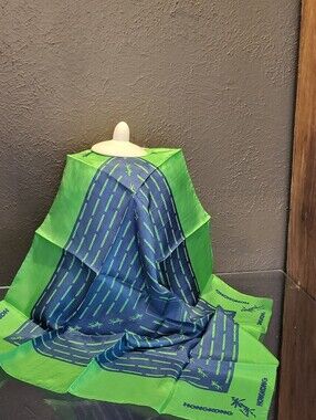 Hong Kong Blue/Green Silk Souvenir Scarf Square Vintage